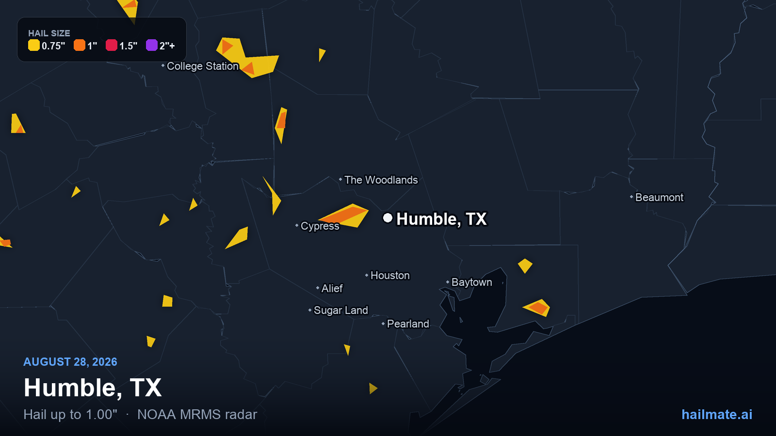 Hail swath map for Humble, TX on August 28, 2026 showing 1.00 inch hail.
