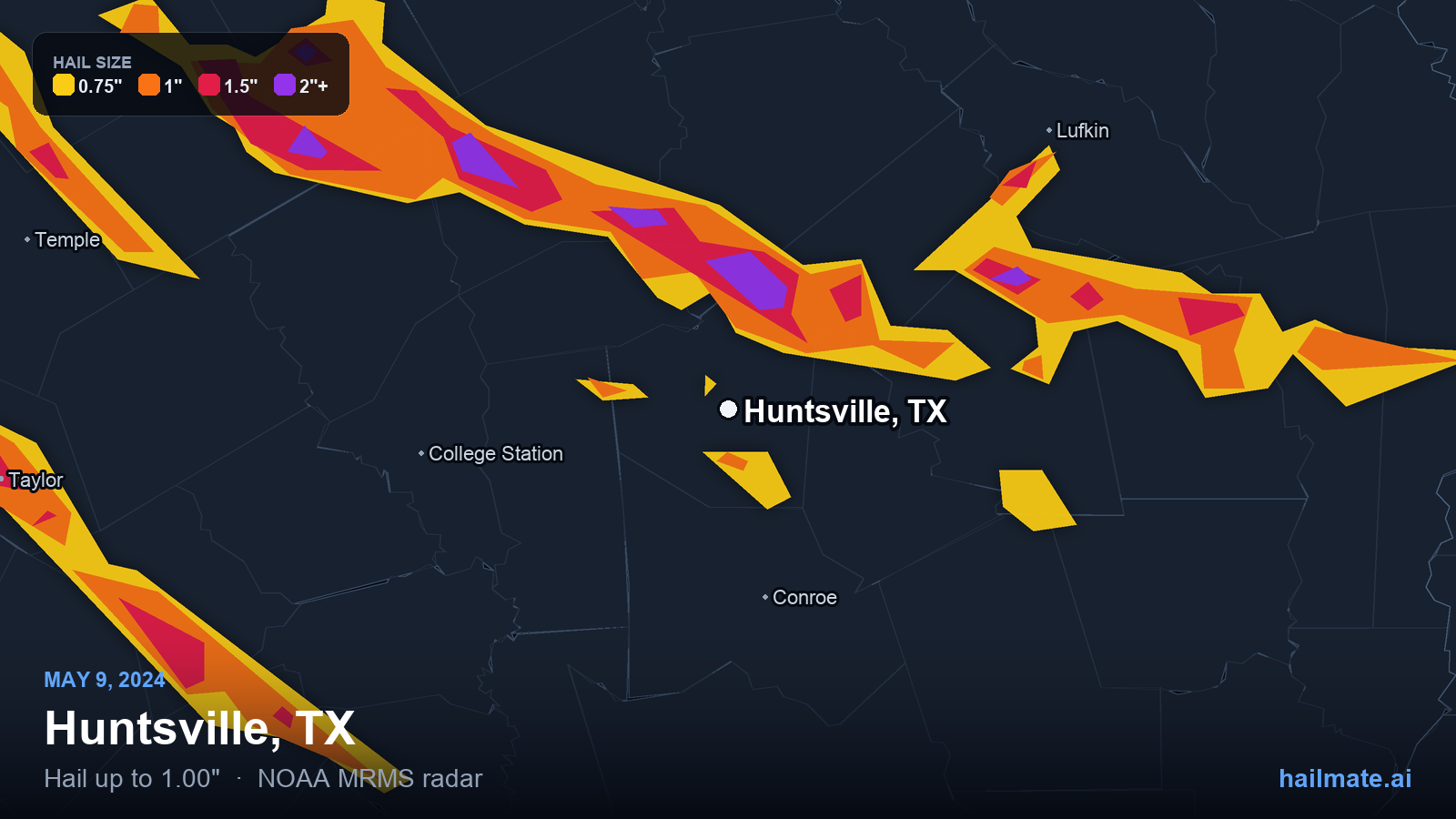 Hail swath map for Huntsville, TX on May 9, 2024 showing 1.00 inch hail.