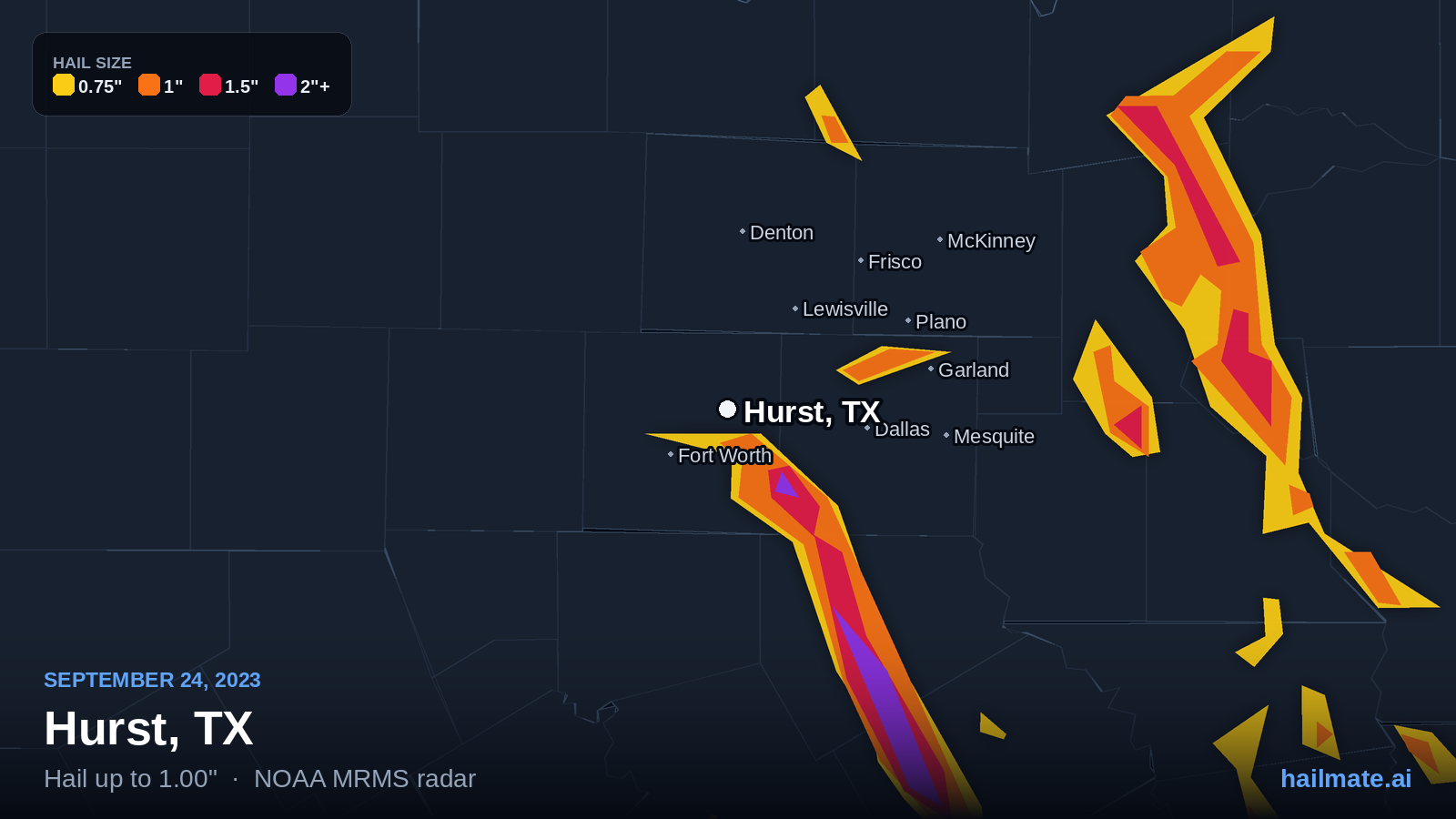Hail swath map for Hurst, TX on September 24, 2023 showing 1.00 inch hail.
