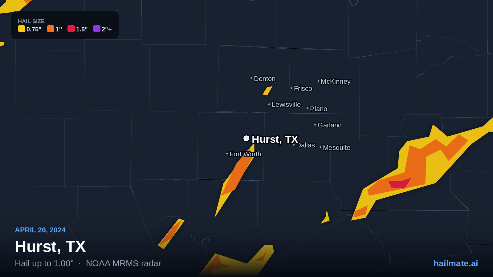 Hail swath map for Hurst, TX on April 26, 2024 showing 1.00 inch hail.