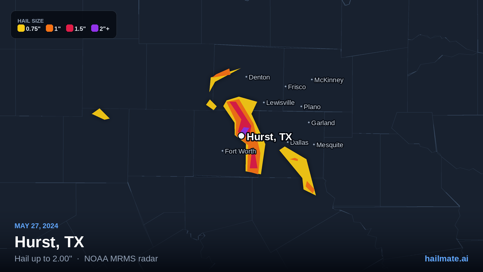 Hail swath map for Hurst, TX on May 27, 2024 showing 2.00 inch hail.