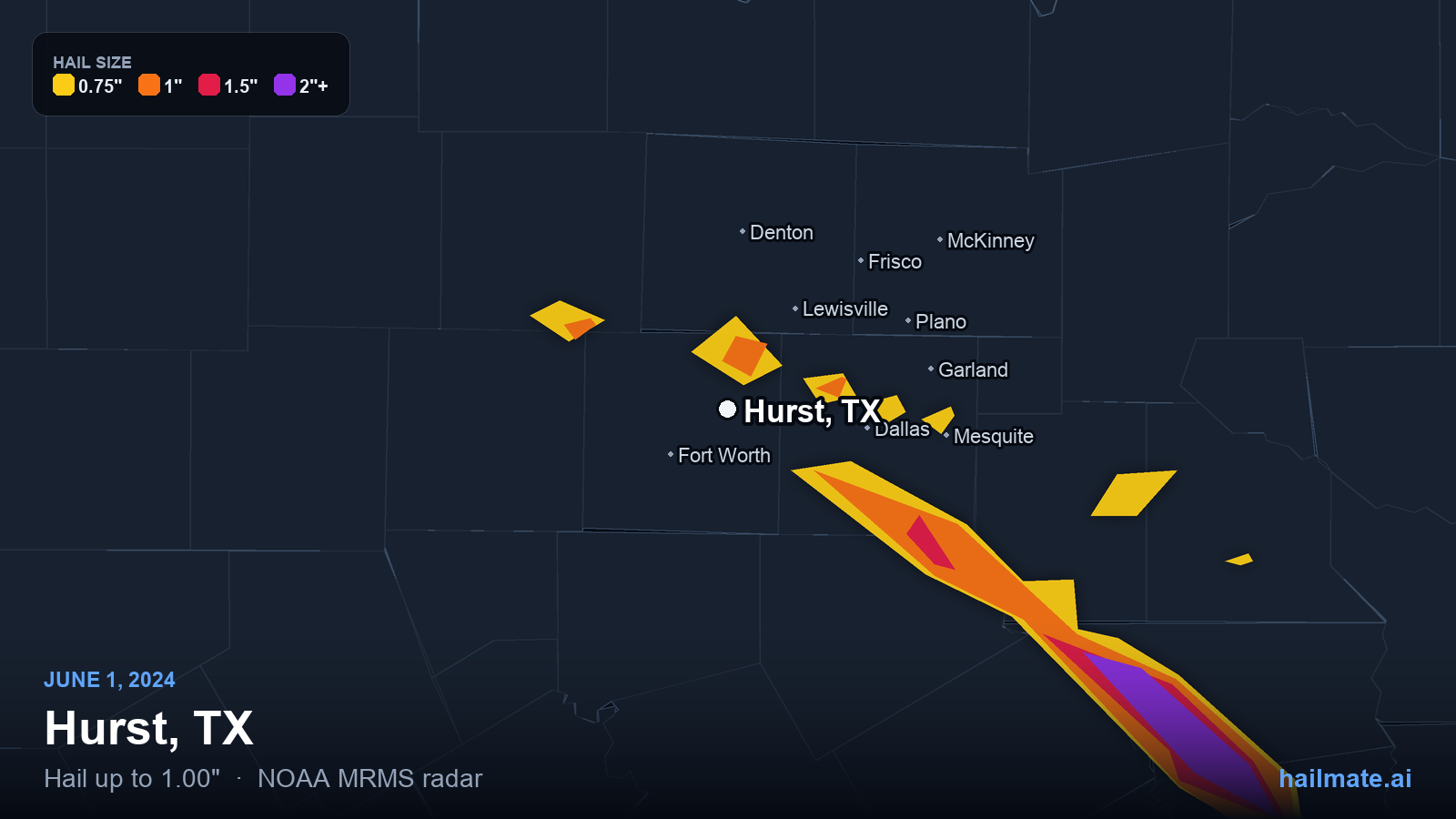 Hail swath map for Hurst, TX on June 1, 2024 showing 1.00 inch hail.