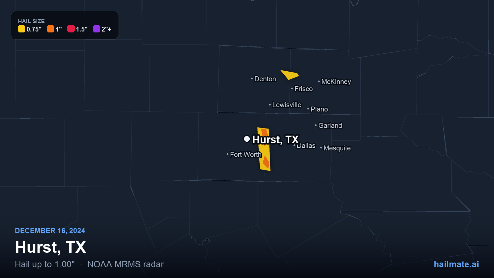 Hail swath map for Hurst, TX on December 16, 2024 showing 1.00 inch hail.