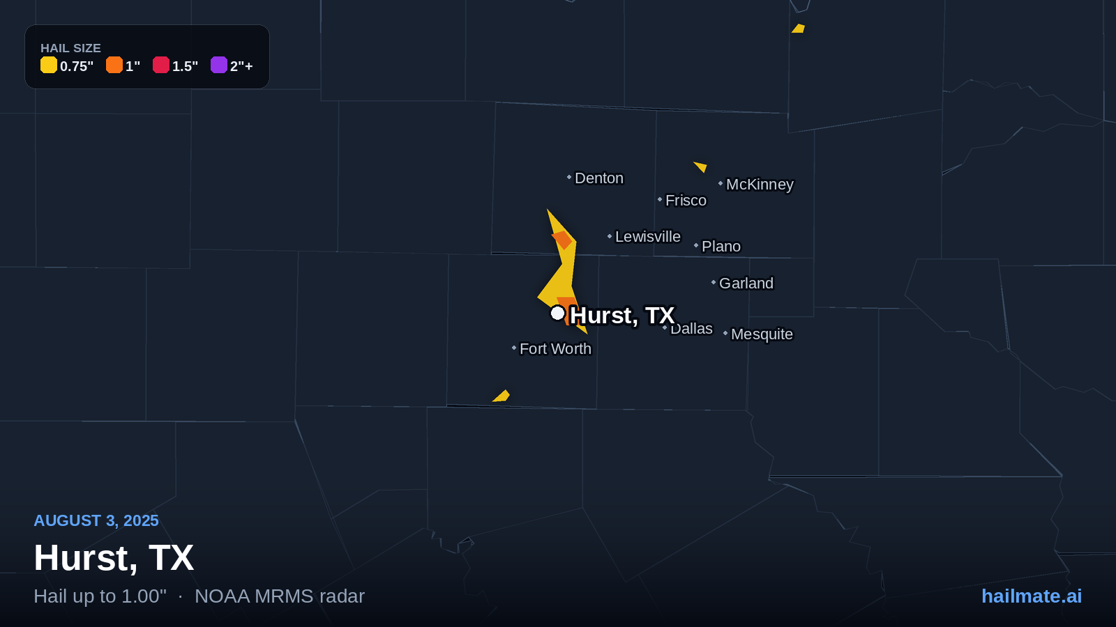 Hail swath map for Hurst, TX on August 3, 2025 showing 1.00 inch hail.