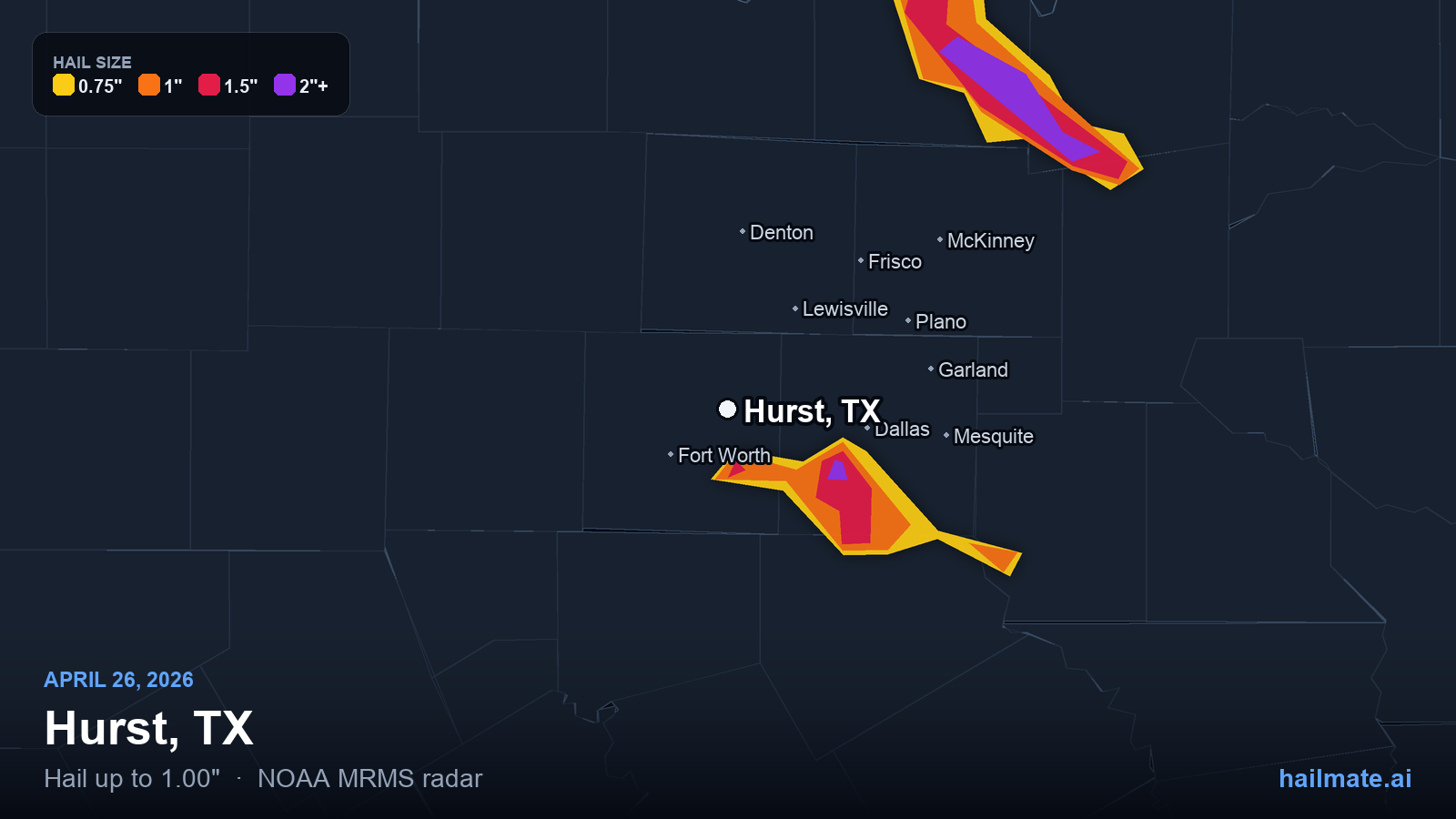 Hail swath map for Hurst, TX on April 26, 2026 showing 1.00 inch hail.