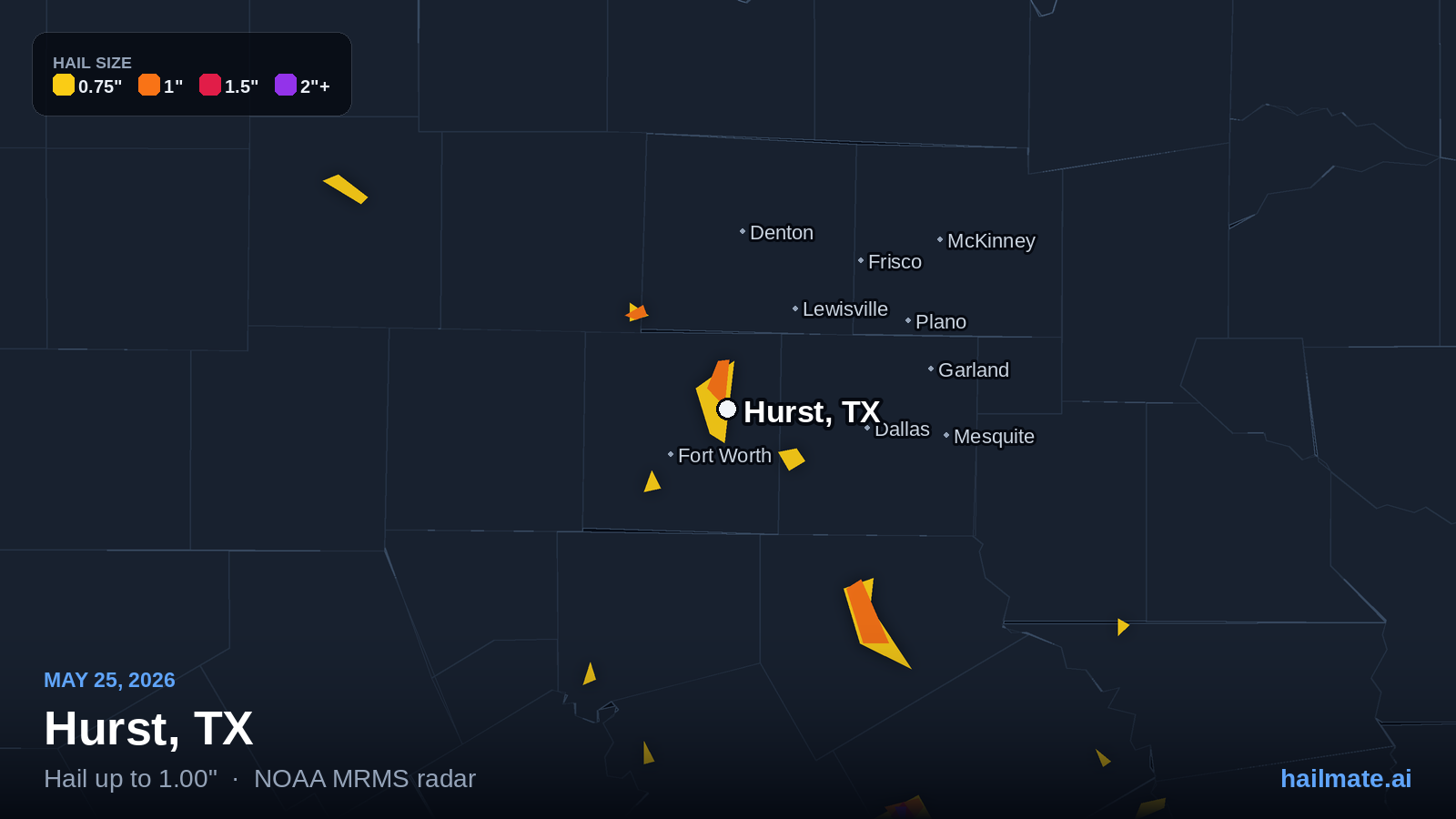 Hail swath map for Hurst, TX on May 25, 2026 showing 1.00 inch hail.