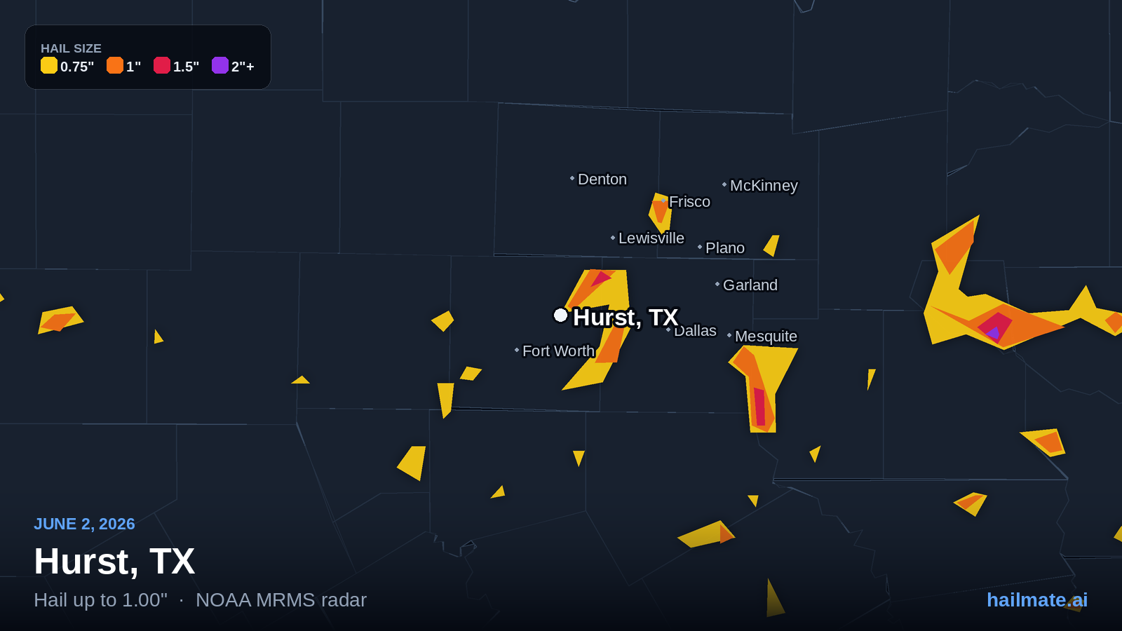 Hail swath map for Hurst, TX on June 2, 2026 showing 1.00 inch hail.