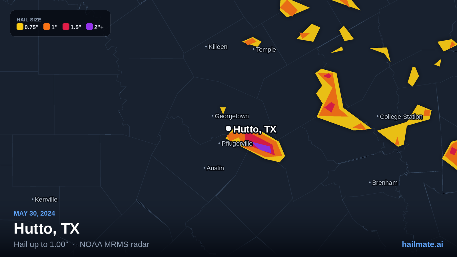 Hail swath map for Hutto, TX on May 30, 2024 showing 1.00 inch hail.