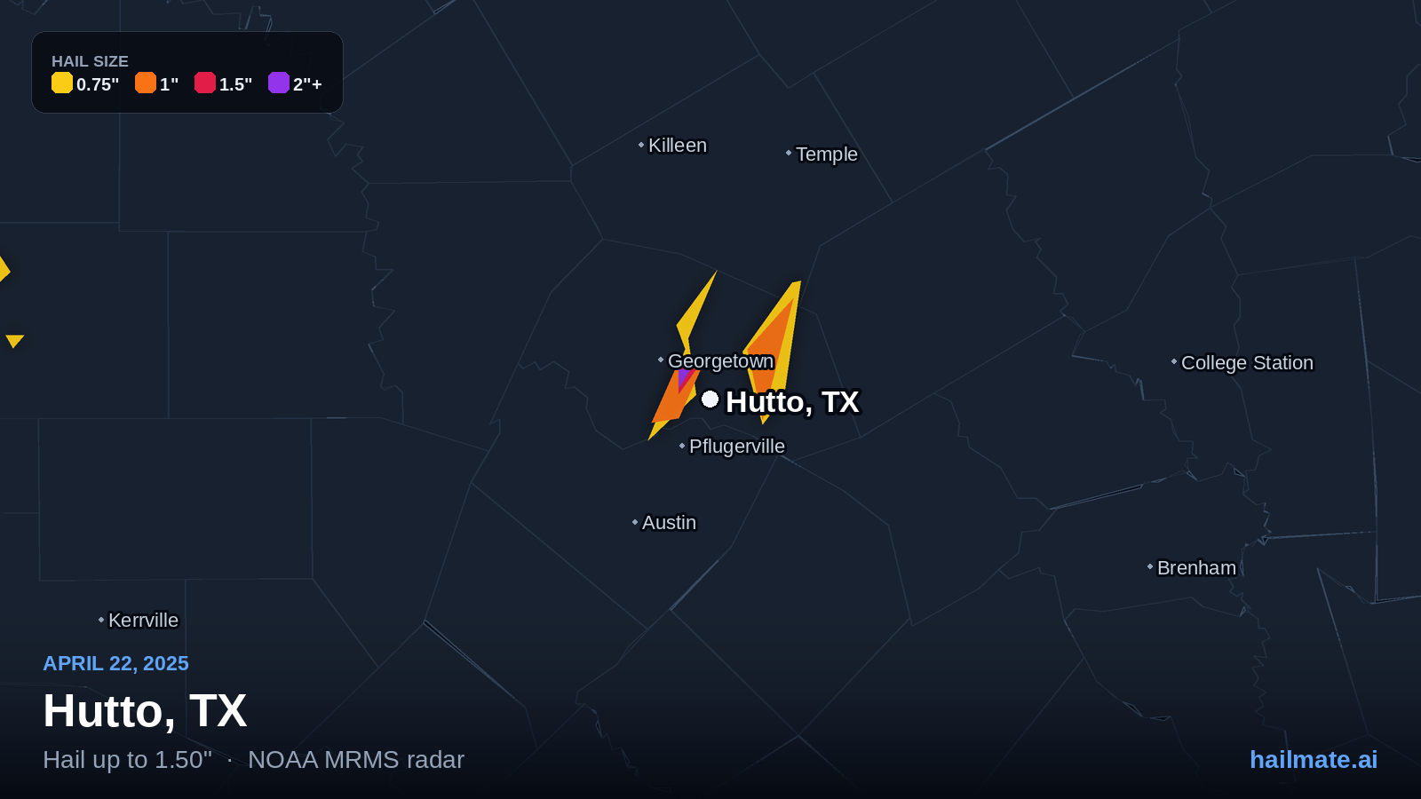 Hail swath map for Hutto, TX on April 22, 2025 showing 1.50 inch hail.
