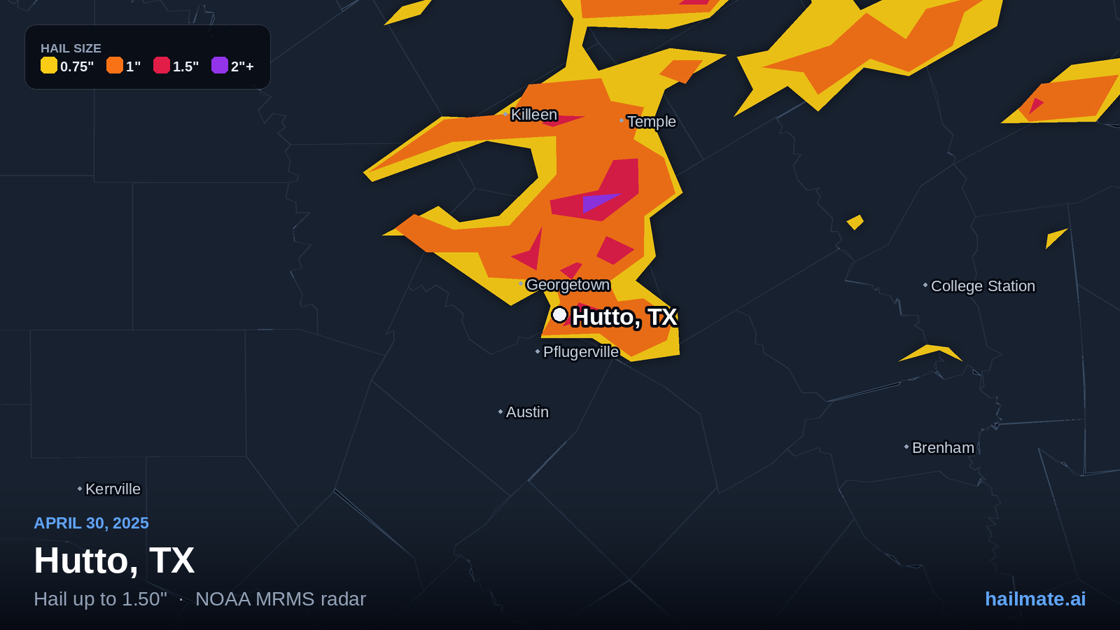 Hail swath map for Hutto, TX on April 30, 2025 showing 1.50 inch hail.