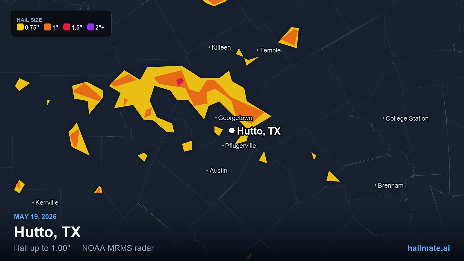 Hail swath map for Hutto, TX on May 19, 2026 showing 1.00 inch hail.