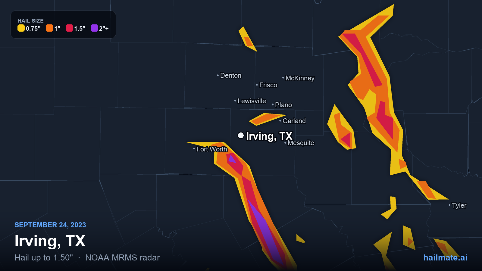 Hail swath map for Irving, TX on September 24, 2023 showing 1.50 inch hail.
