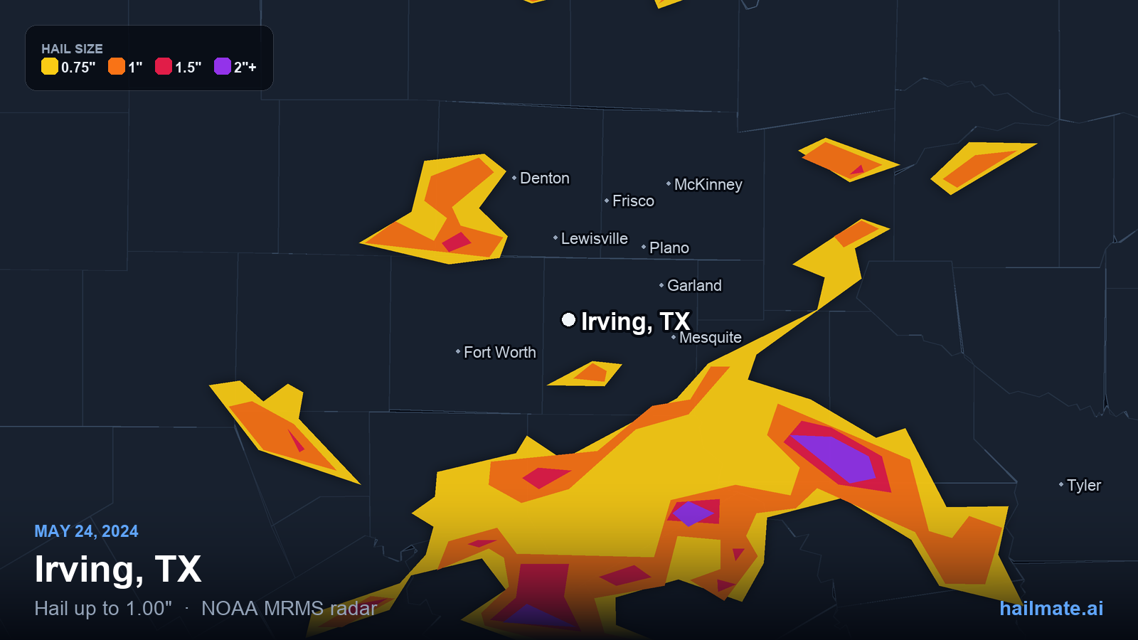 Hail swath map for Irving, TX on May 24, 2024 showing 1.00 inch hail.