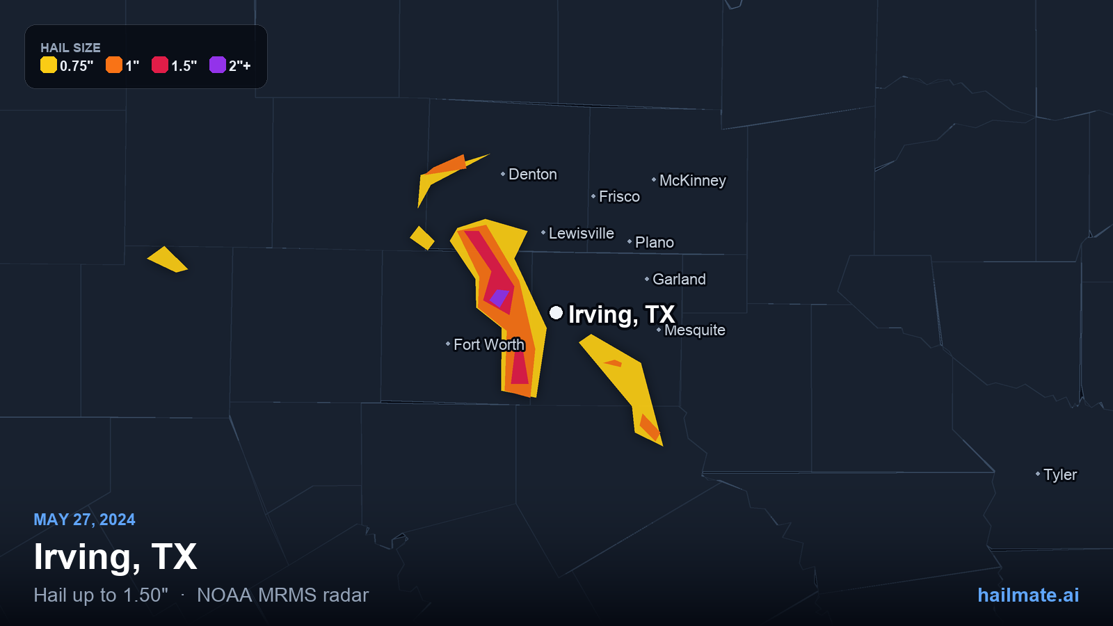 Hail swath map for Irving, TX on May 27, 2024 showing 1.50 inch hail.