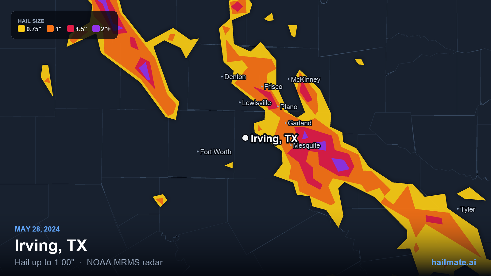 Hail swath map for Irving, TX on May 28, 2024 showing 1.00 inch hail.