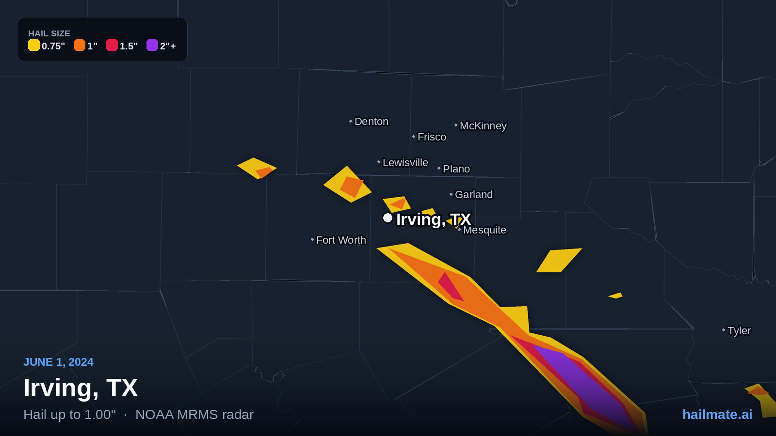 Hail swath map for Irving, TX on June 1, 2024 showing 1.00 inch hail.