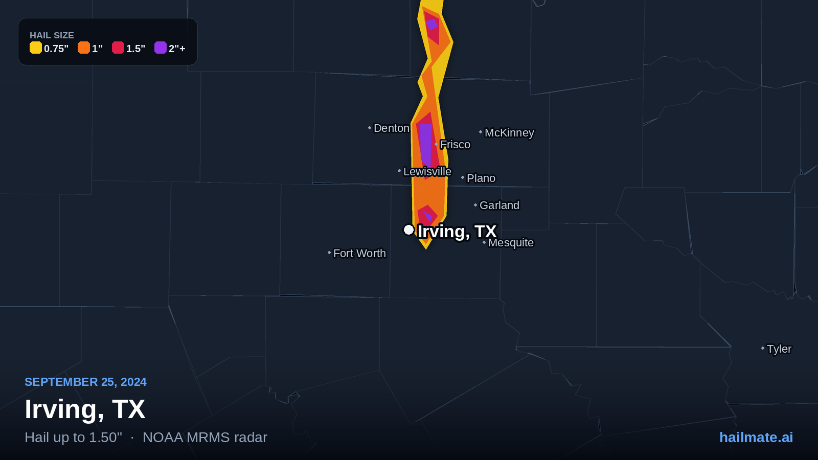 Hail swath map for Irving, TX on September 25, 2024 showing 1.50 inch hail.