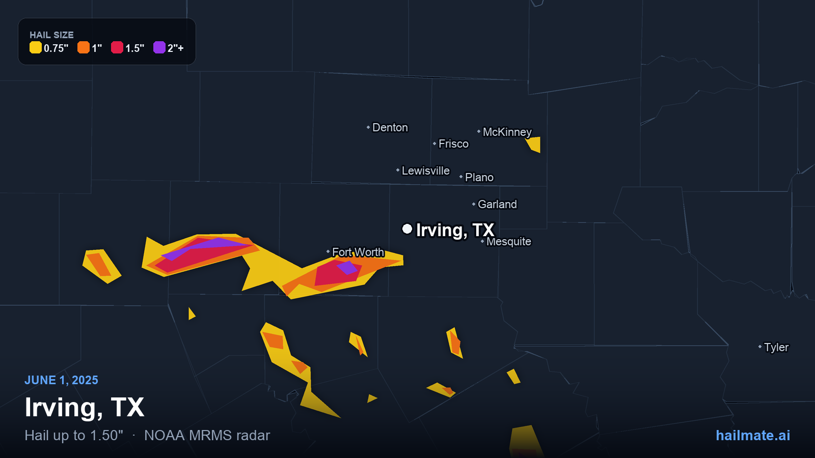Hail swath map for Irving, TX on June 1, 2025 showing 1.50 inch hail.