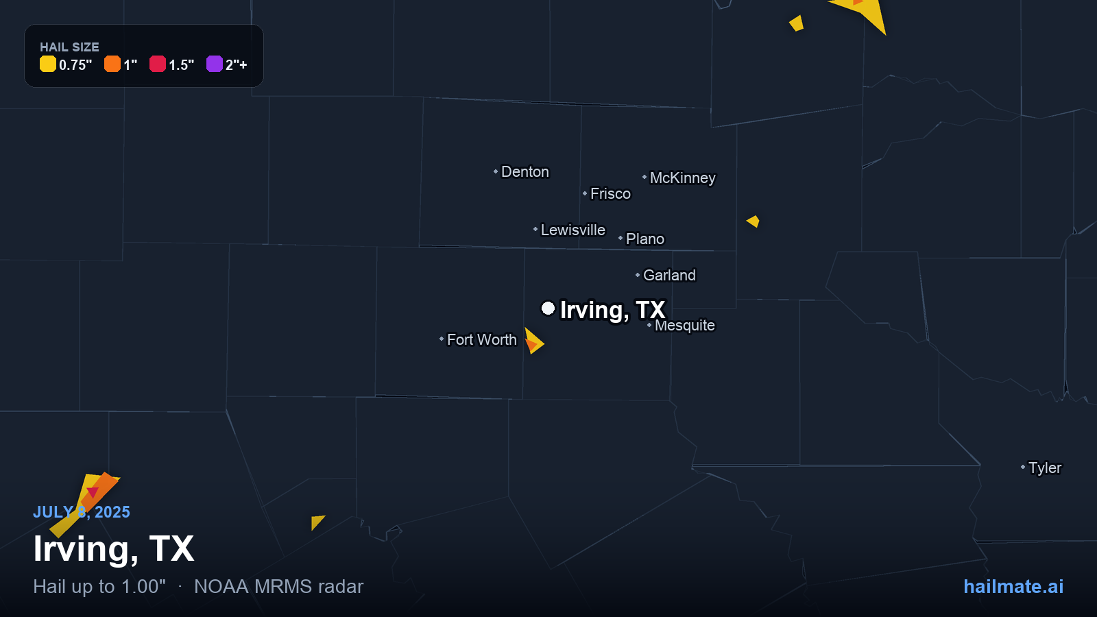 Hail swath map for Irving, TX on July 8, 2025 showing 1.00 inch hail.