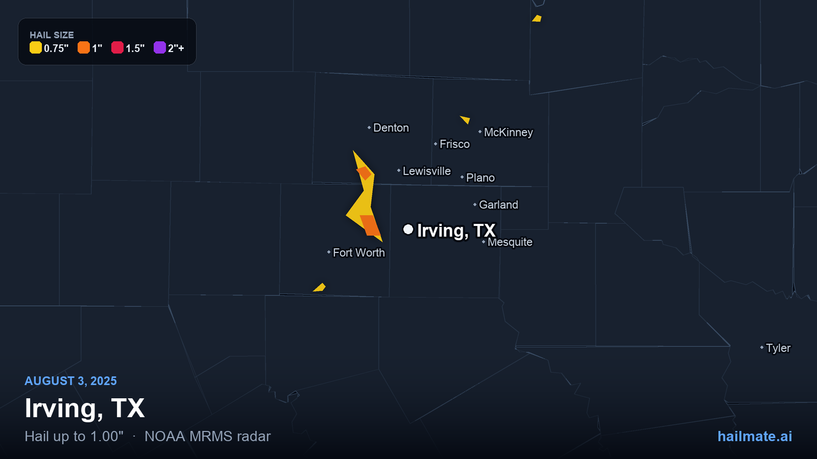 Hail swath map for Irving, TX on August 3, 2025 showing 1.00 inch hail.