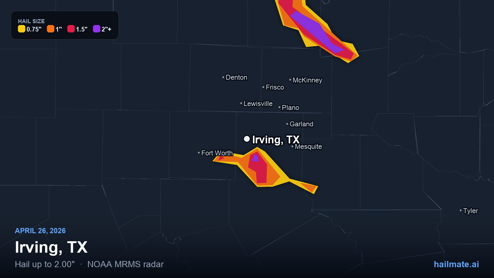 Hail swath map for Irving, TX on April 26, 2026 showing 2.00 inch hail.