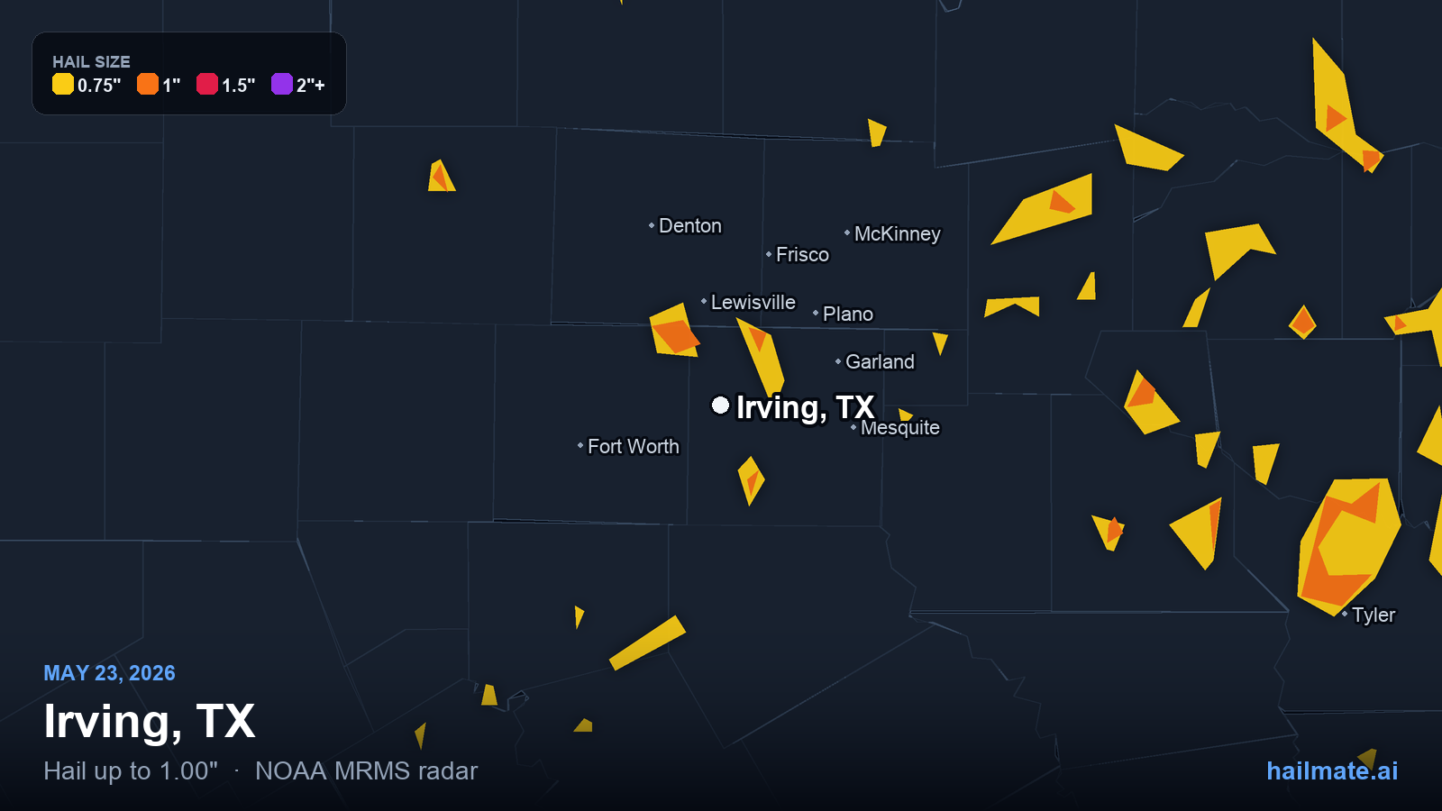 Hail swath map for Irving, TX on May 23, 2026 showing 1.00 inch hail.