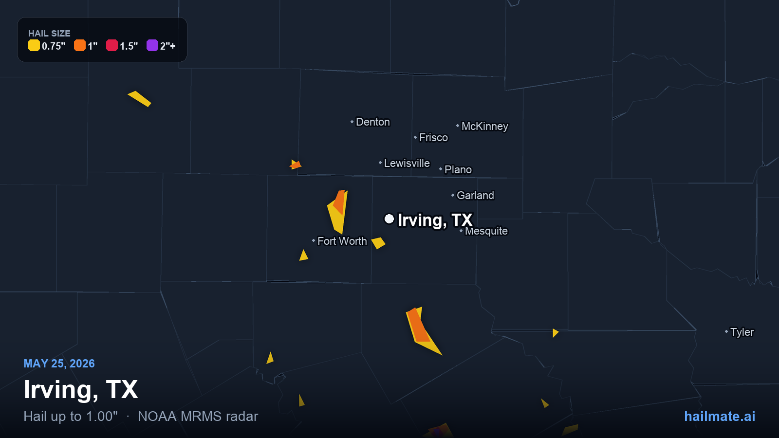 Hail swath map for Irving, TX on May 25, 2026 showing 1.00 inch hail.