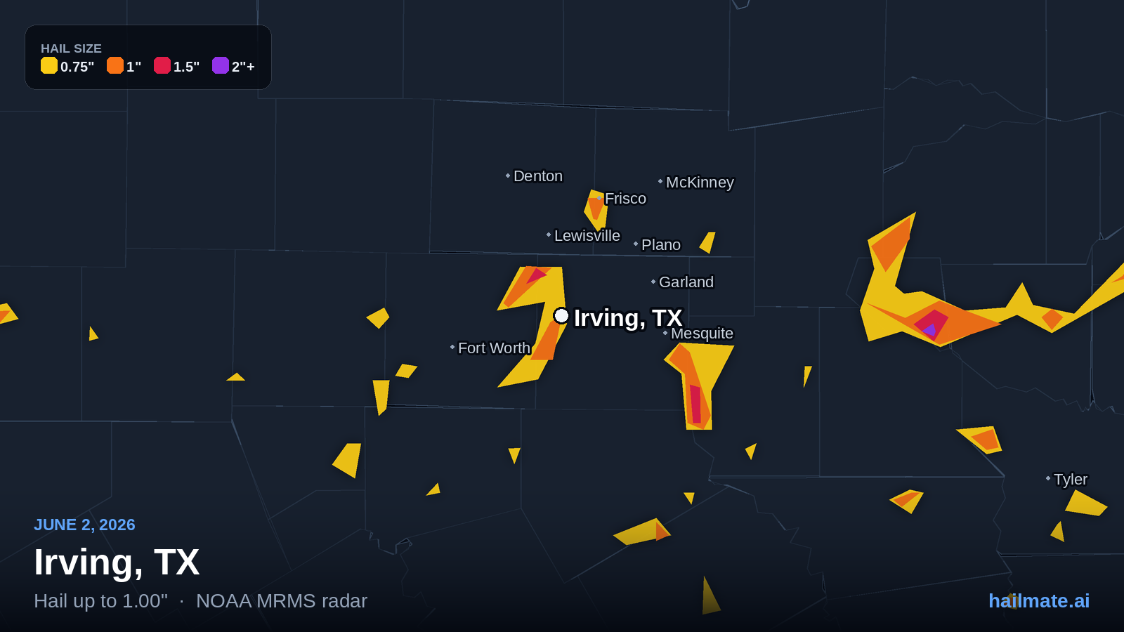 Hail swath map for Irving, TX on June 2, 2026 showing 1.00 inch hail.