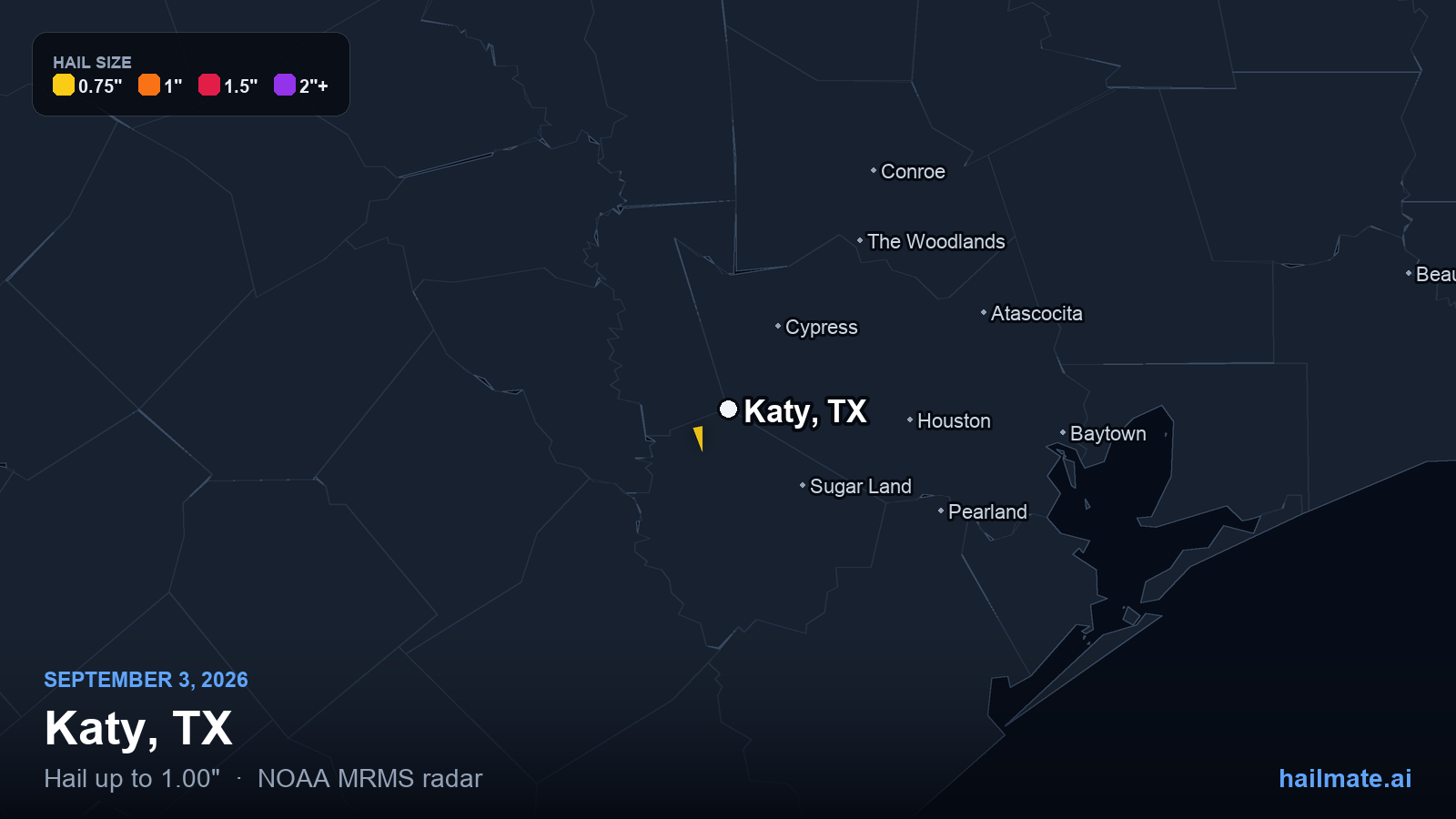 Hail swath map for Katy, TX on September 3, 2026 showing 1.00 inch hail.