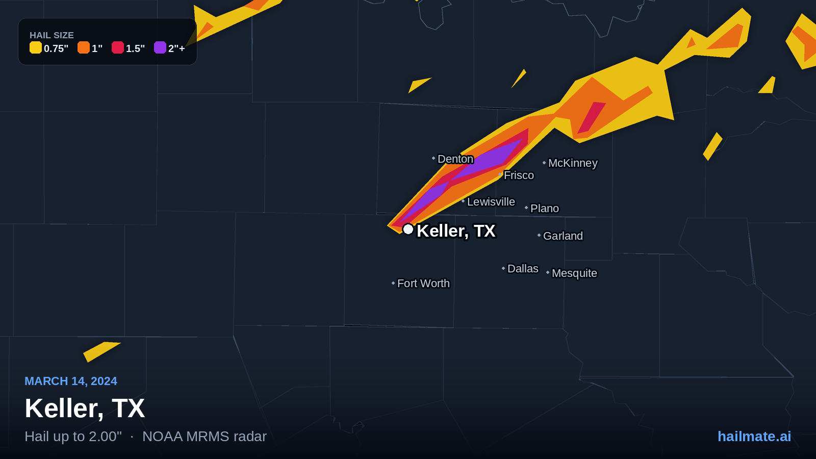Hail swath map for Keller, TX on March 14, 2024 showing 2.00 inch hail.