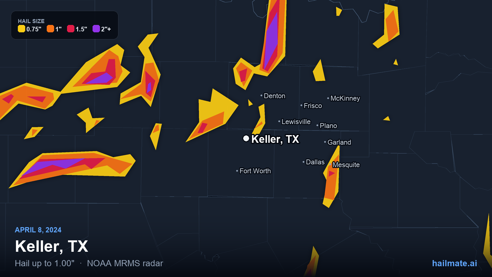 Hail swath map for Keller, TX on April 8, 2024 showing 1.00 inch hail.