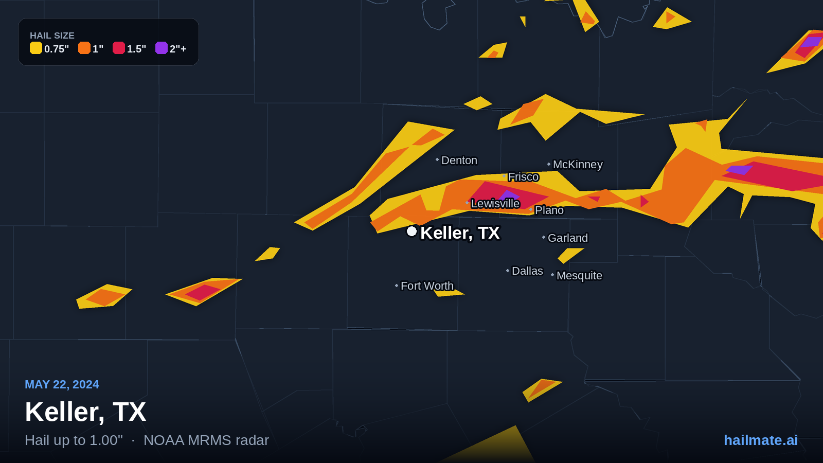 Hail swath map for Keller, TX on May 22, 2024 showing 1.00 inch hail.