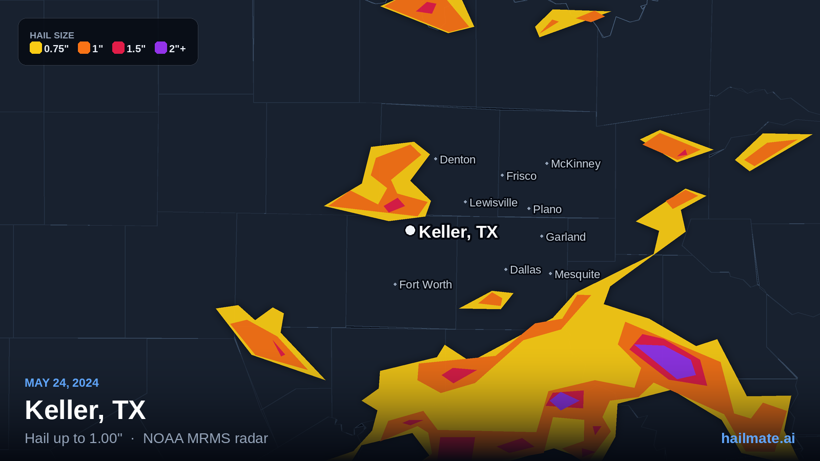 Hail swath map for Keller, TX on May 24, 2024 showing 1.00 inch hail.