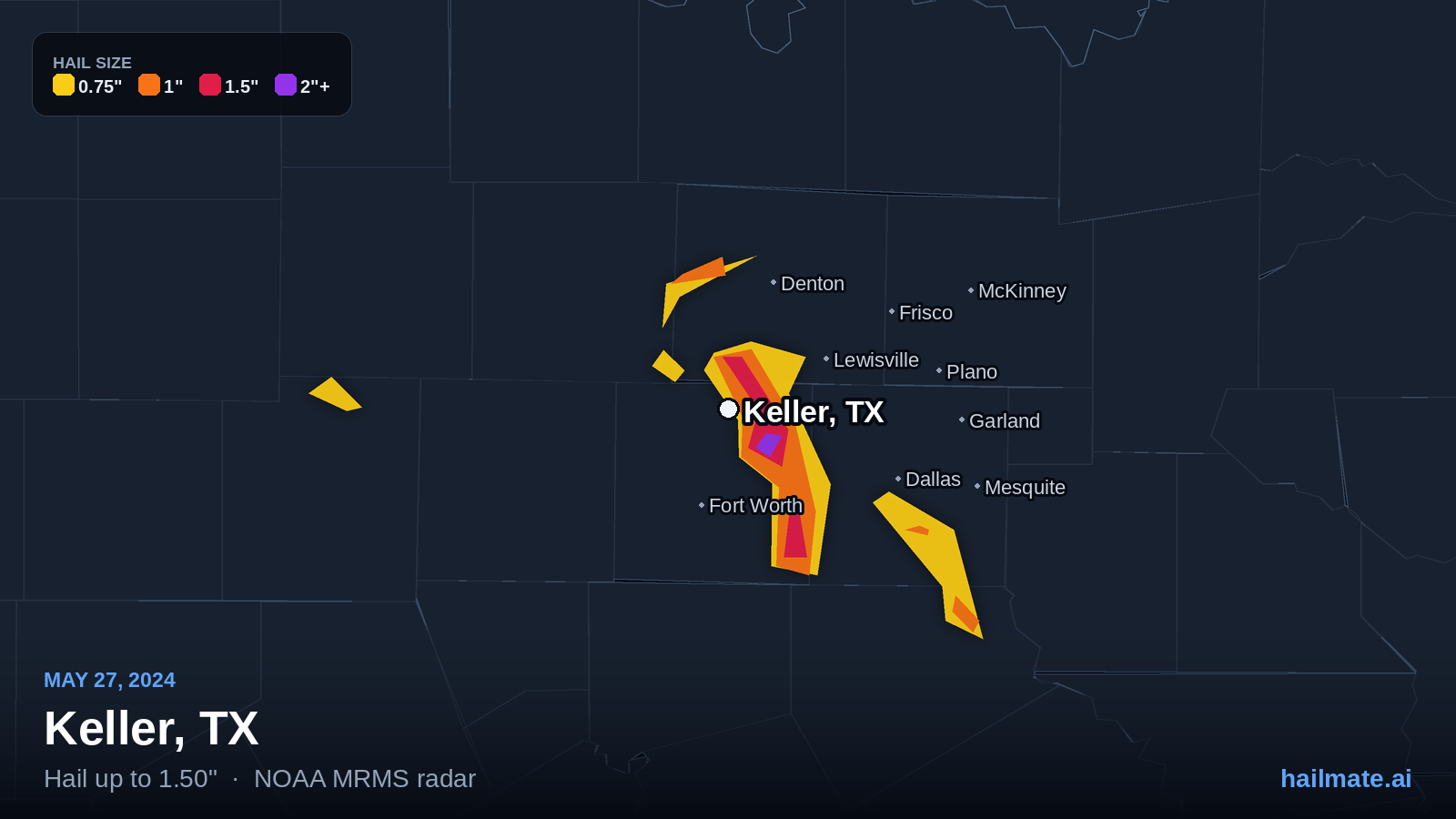 Hail swath map for Keller, TX on May 27, 2024 showing 1.50 inch hail.