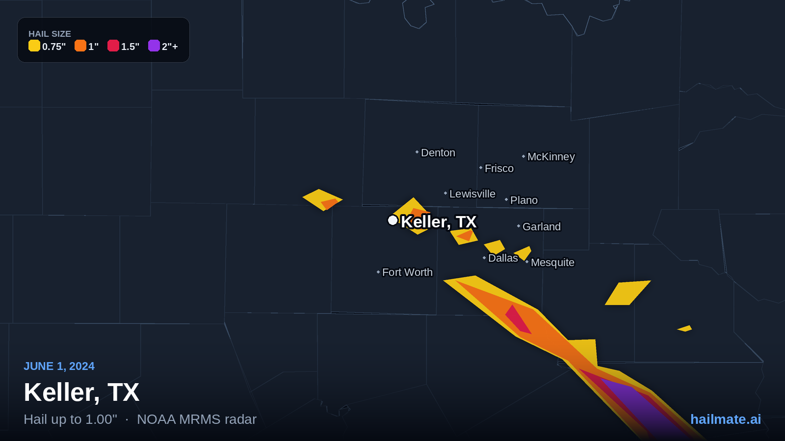 Hail swath map for Keller, TX on June 1, 2024 showing 1.00 inch hail.