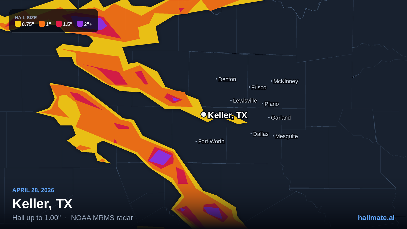 Hail swath map for Keller, TX on April 28, 2026 showing 1.00 inch hail.