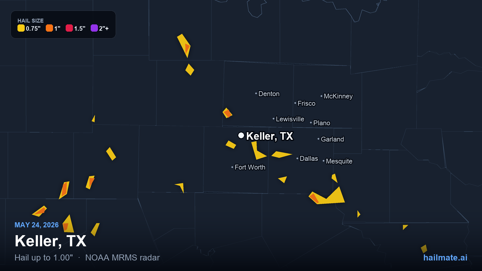 Hail swath map for Keller, TX on May 24, 2026 showing 1.00 inch hail.