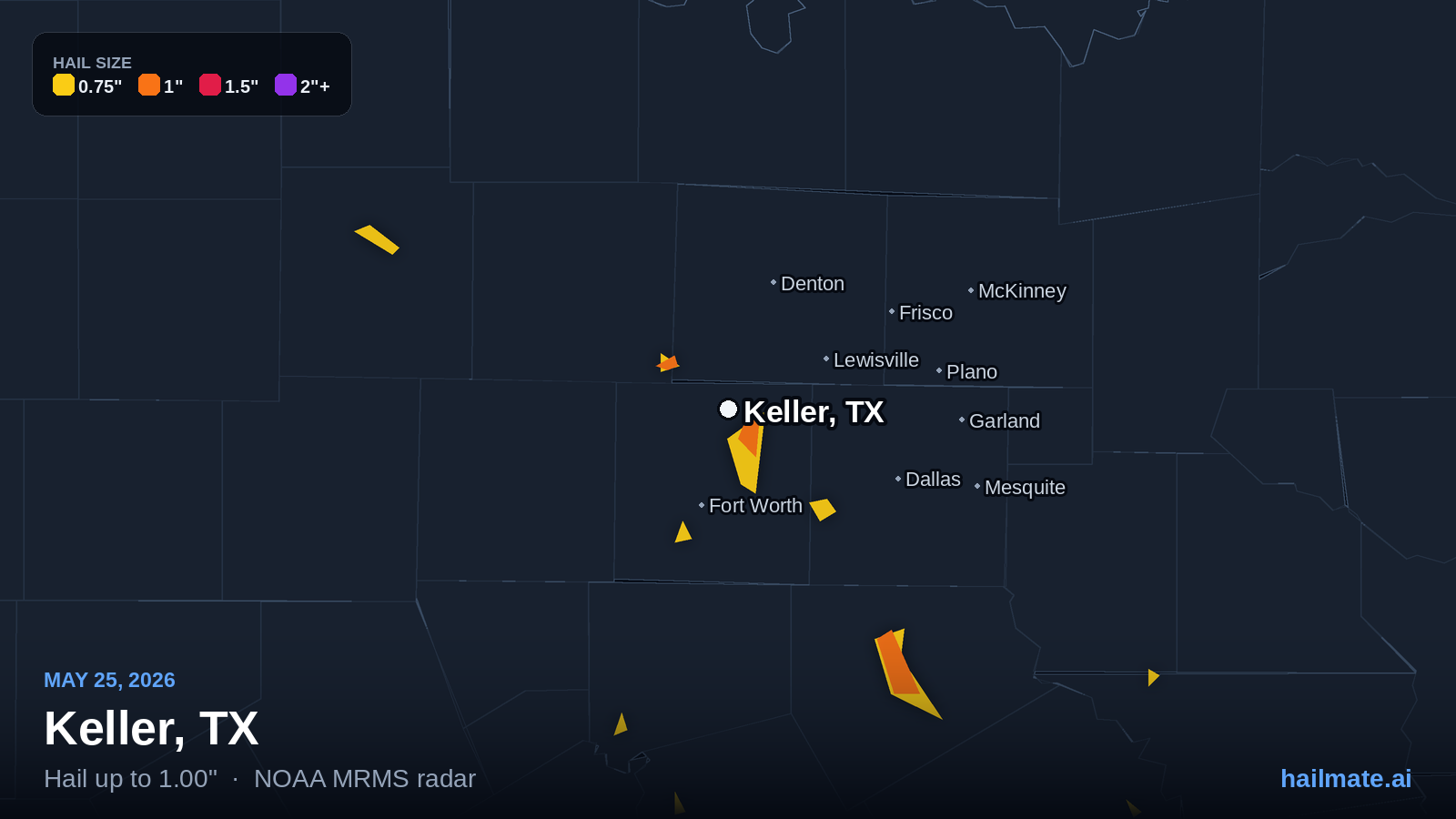 Hail swath map for Keller, TX on May 25, 2026 showing 1.00 inch hail.