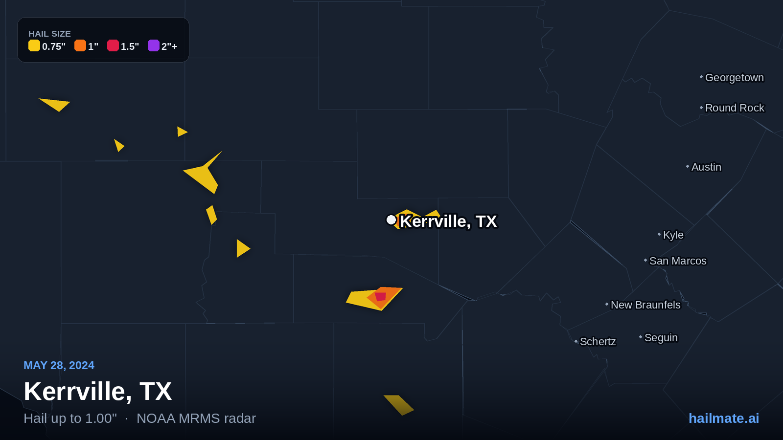 Hail swath map for Kerrville, TX on May 28, 2024 showing 1.00 inch hail.