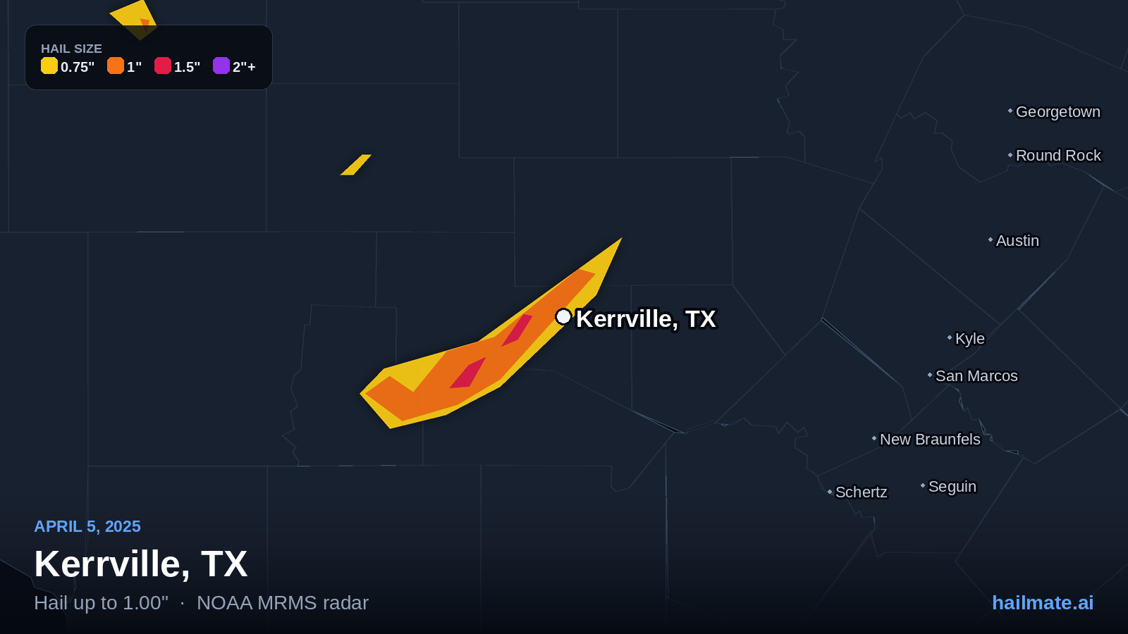 Hail swath map for Kerrville, TX on April 5, 2025 showing 1.00 inch hail.