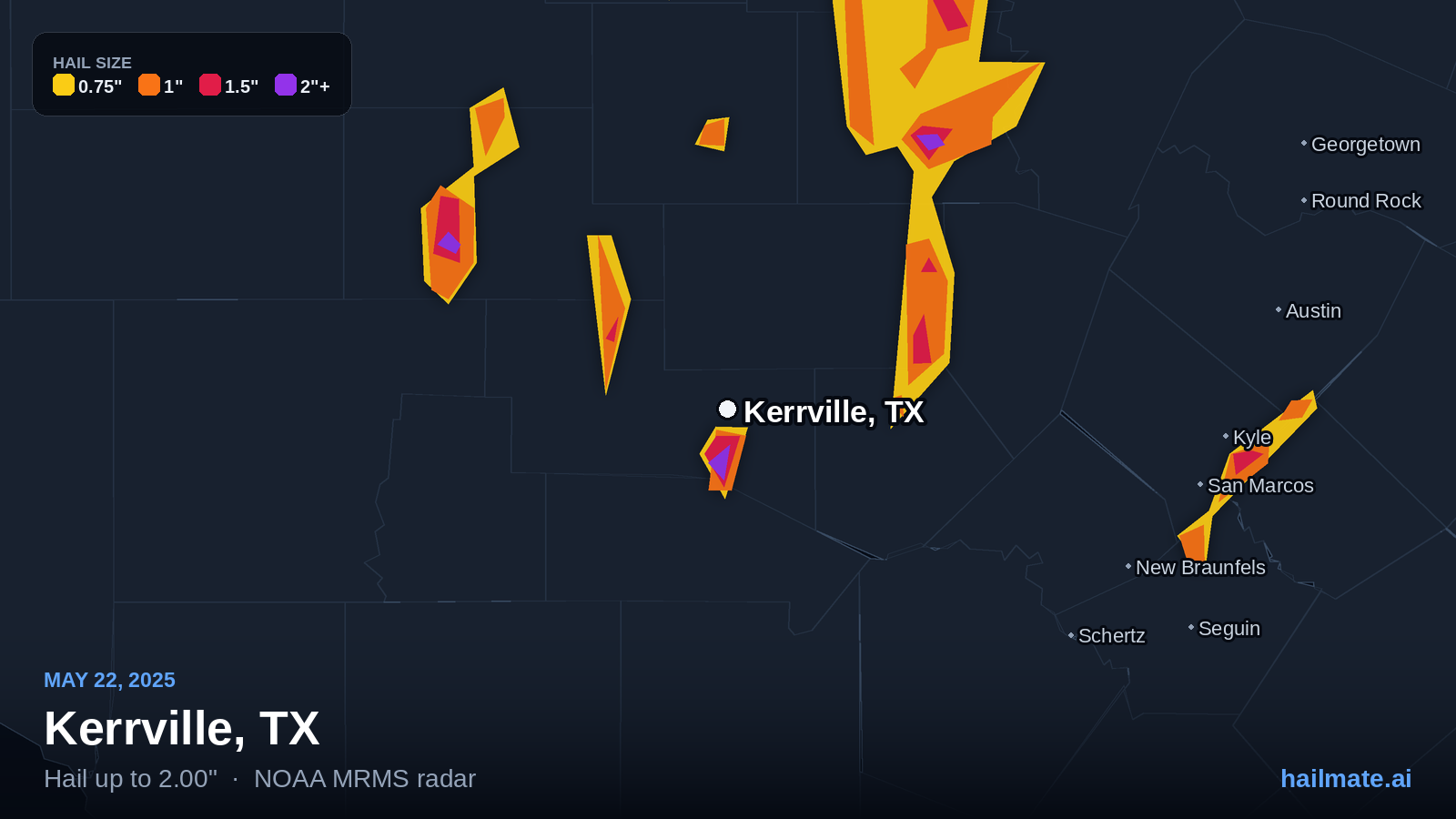 Hail swath map for Kerrville, TX on May 22, 2025 showing 2.00 inch hail.