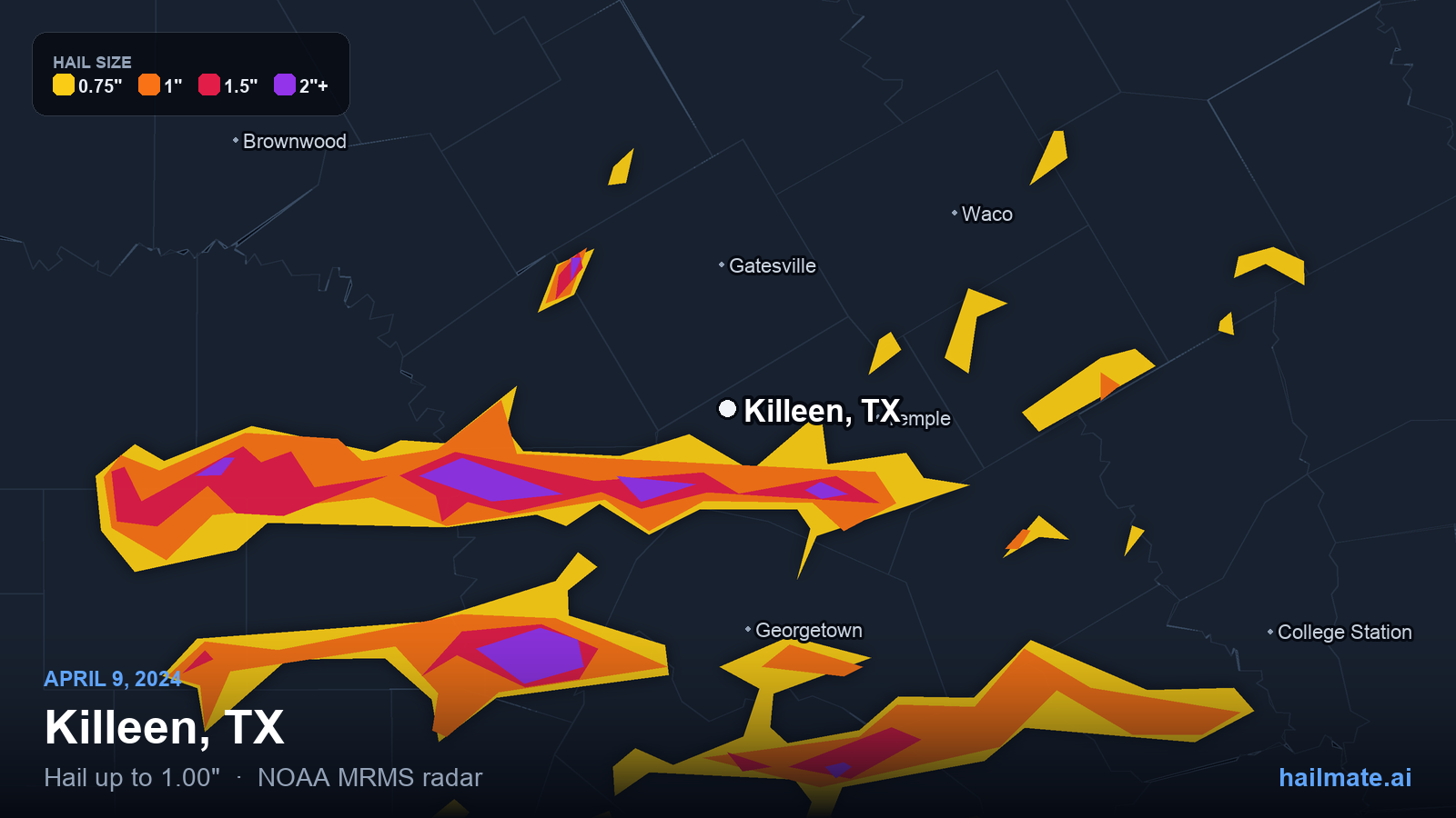 Hail swath map for Killeen, TX on April 9, 2024 showing 1.00 inch hail.