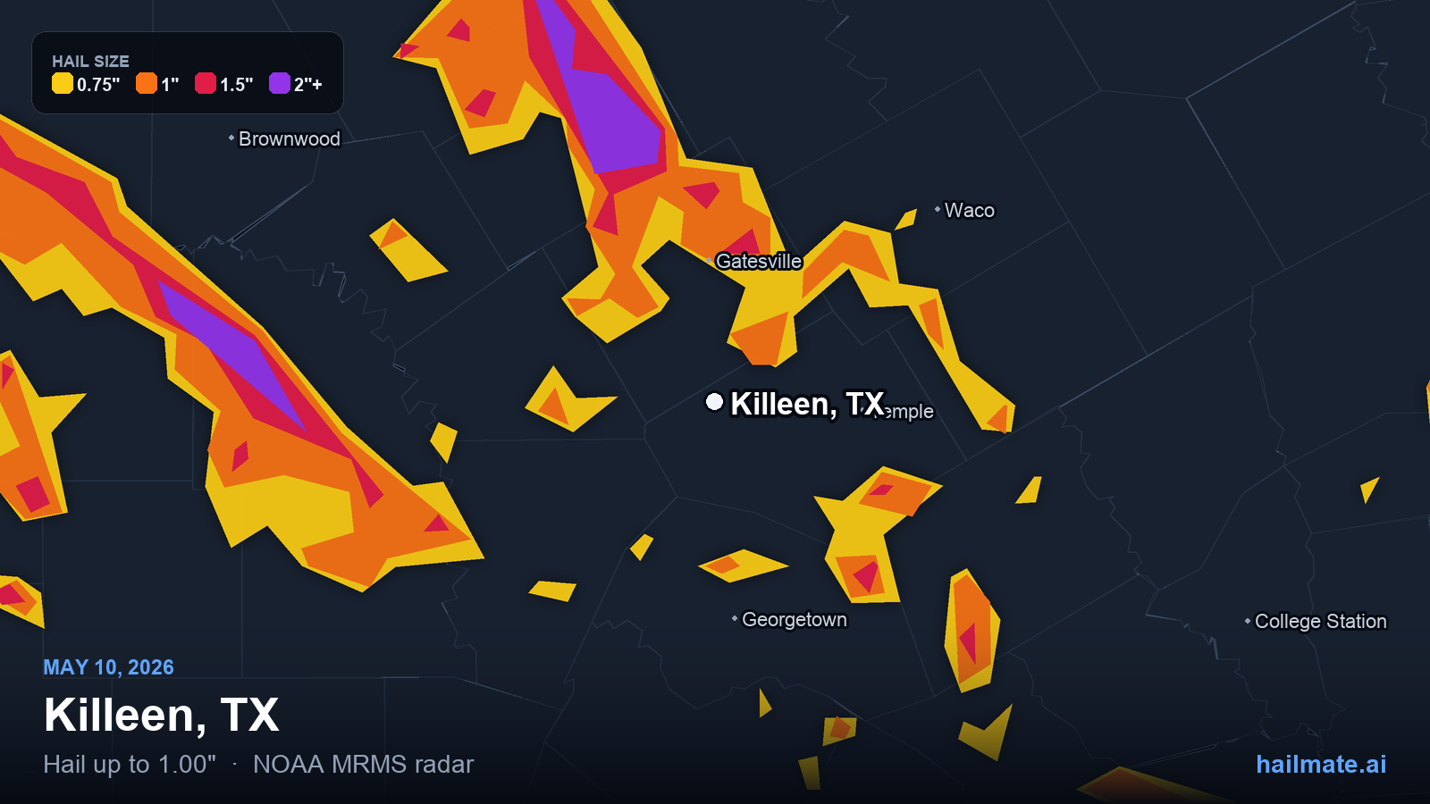 Hail swath map for Killeen, TX on May 10, 2026 showing 1.00 inch hail.
