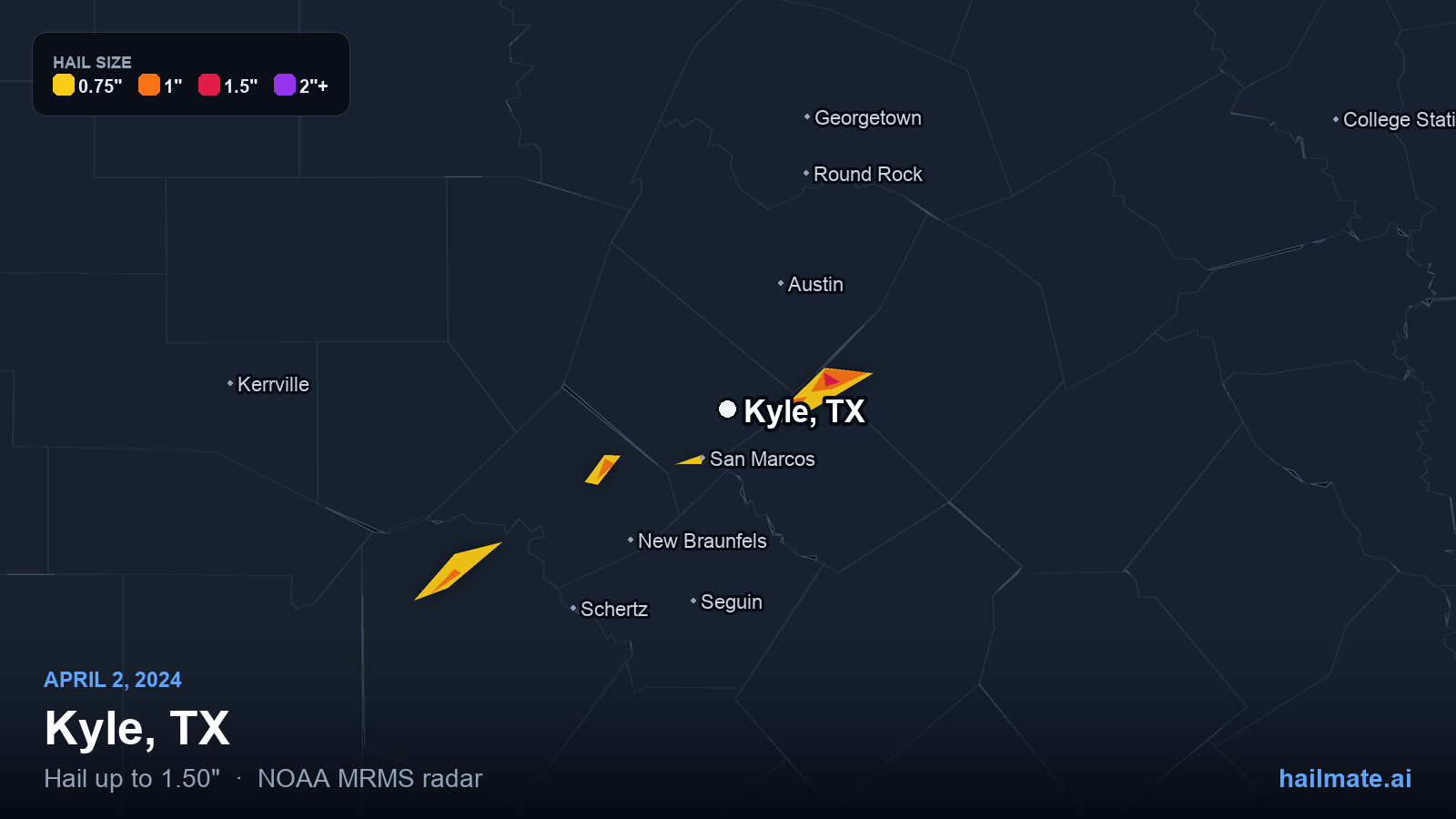 Hail swath map for Kyle, TX on April 2, 2024 showing 1.50 inch hail.