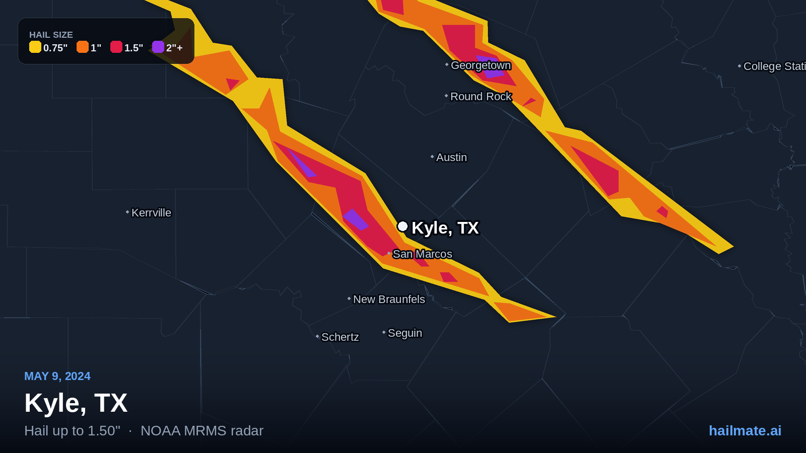 Hail swath map for Kyle, TX on May 9, 2024 showing 1.50 inch hail.