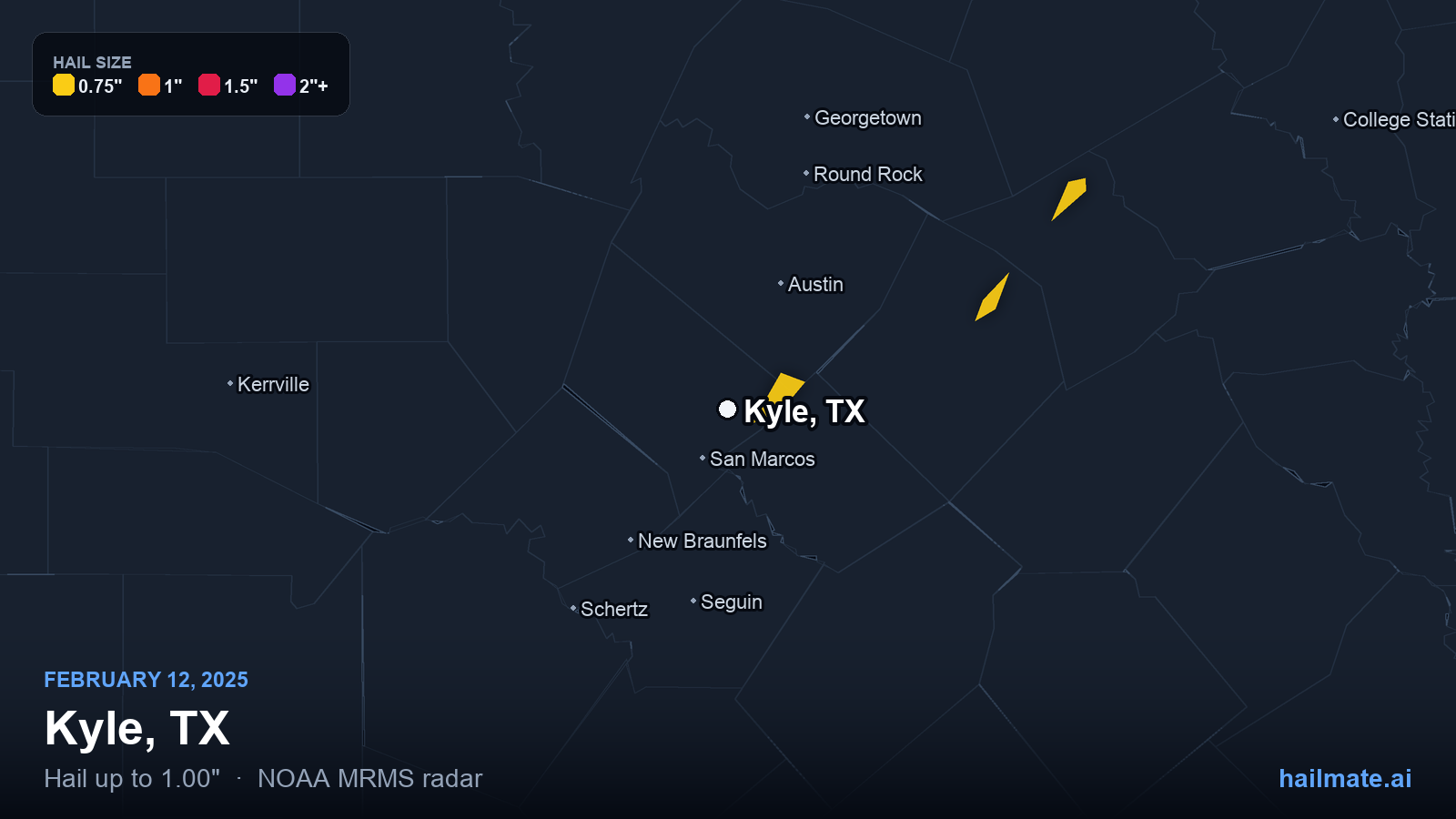 Hail swath map for Kyle, TX on February 12, 2025 showing 1.00 inch hail.