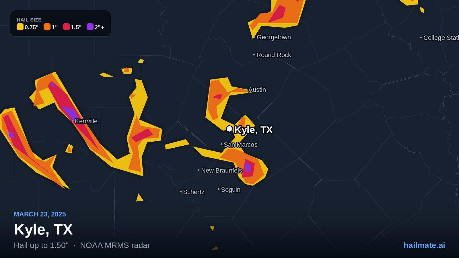 Hail swath map for Kyle, TX on March 23, 2025 showing 1.50 inch hail.
