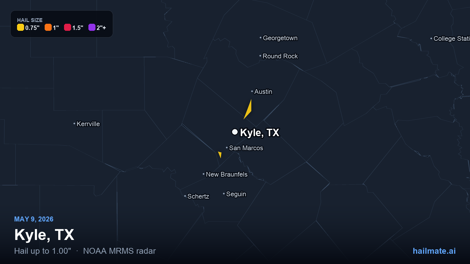 Hail swath map for Kyle, TX on May 9, 2026 showing 1.00 inch hail.