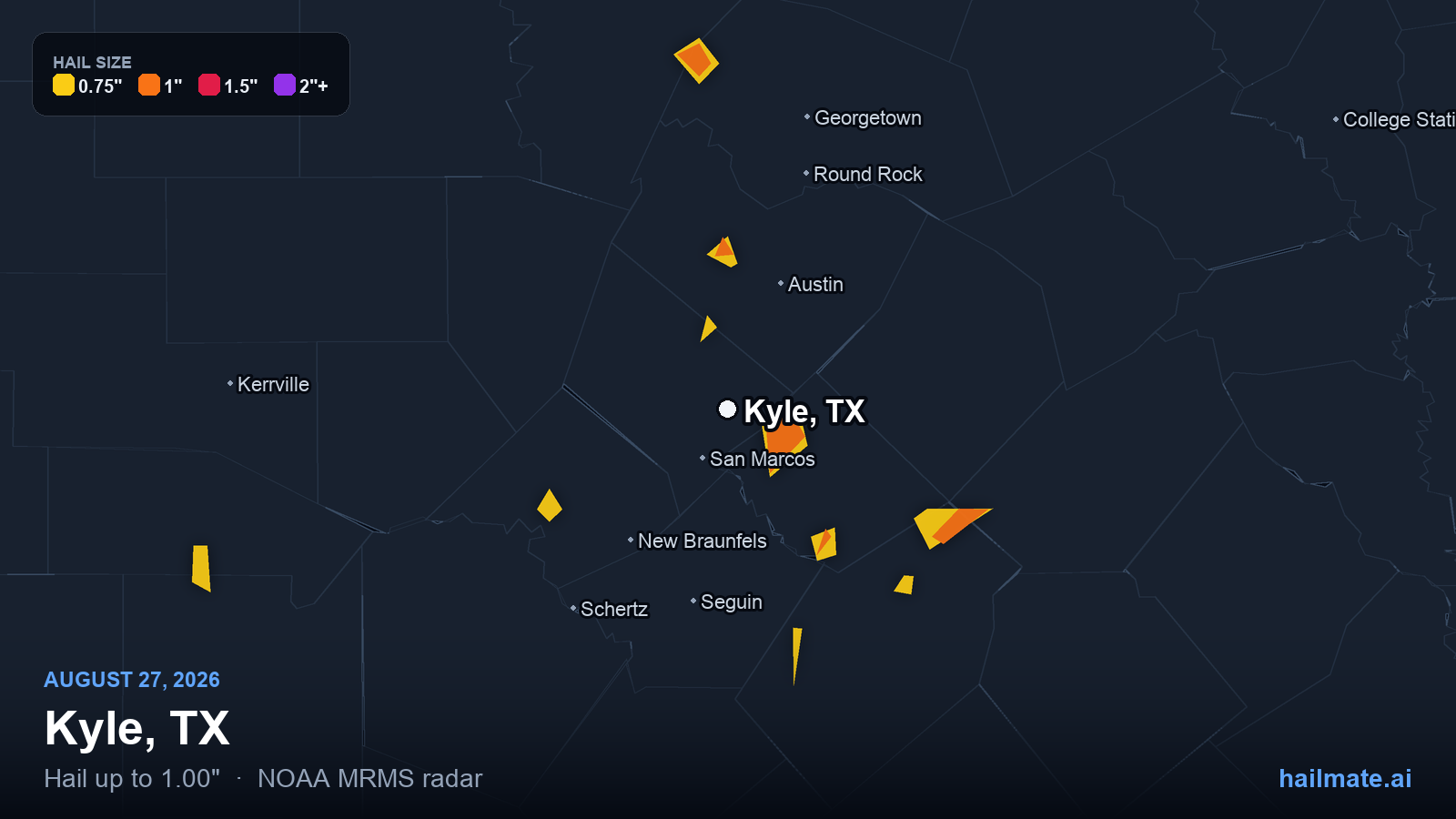Hail swath map for Kyle, TX on August 27, 2026 showing 1.00 inch hail.