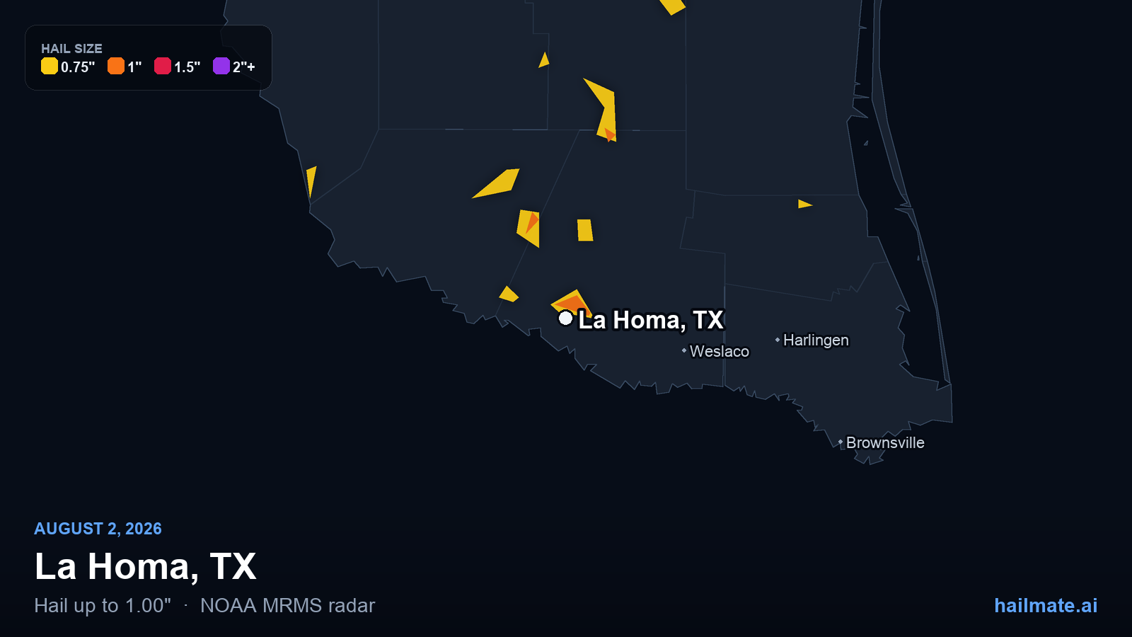 Hail swath map for La Homa, TX on August 2, 2026 showing 1.00 inch hail.
